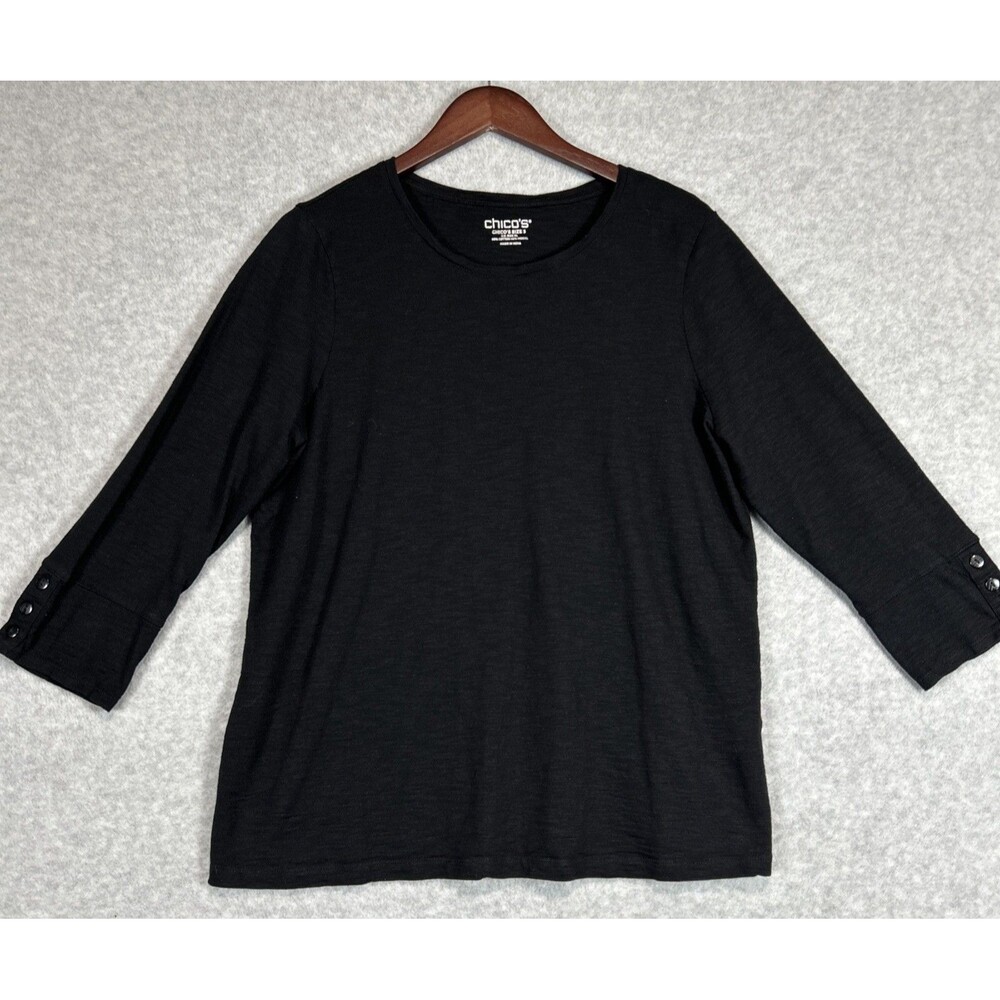 Chico's Size 3 Black Cotton Blend 3/4 Sleeve Round Neck Knit Tee T-shirt Top